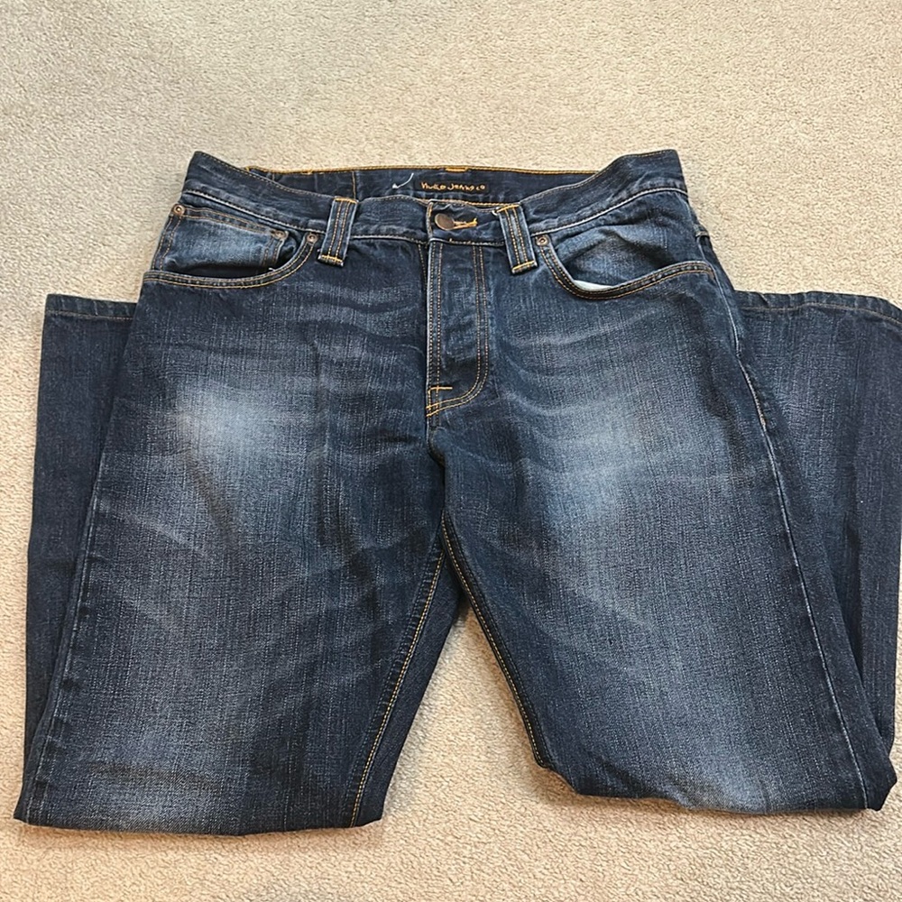 Men's Nudie Blue Jeans with orange detailing
